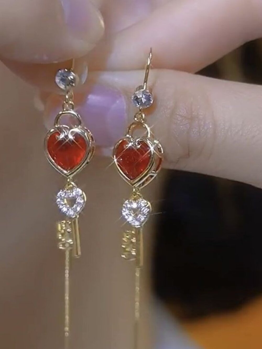 Red Crystal Heart Lock Key Gold Long Drop Hook Dangle Earrings